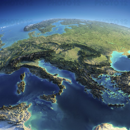 Highly detailed planet Earth in the morning. Exaggerated precise relief lit morning sun. Part of Europe, Italy, Greece and the Mediterranean Sea. Elements of this image furnished by NASA