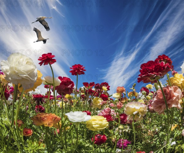 The magnificent field of the blossoming garden buttercups. Multi-colored flowers on high stalks are shaken on easy spring wind. The concept of artistic photography