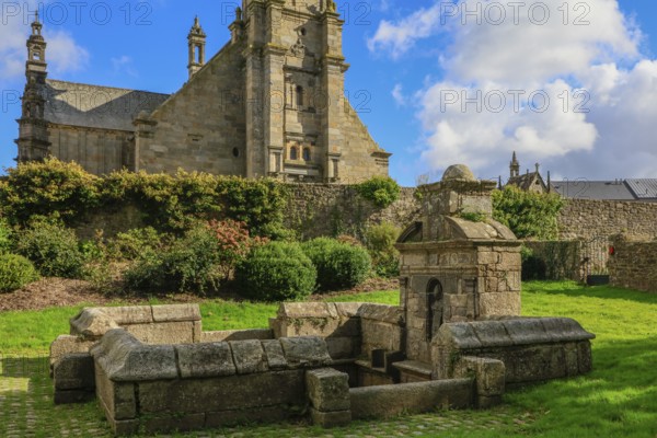 Enclosed parish Gothic church Eglise Saint-Gouesnou and spring of the same name, Gouesnou near Brest, department Finistere Penn-ar-Bed, region Bretagne Breizh, France