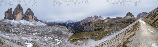 Panoramic view of the famous peaks of the Dolomites, Tre Cime di Lavaredo National Park, Dolomiti Alps, South Tyrol, Italy