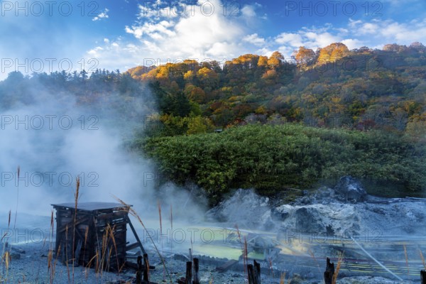 View in Tamagawa onsen in the morning with sunlight shine on the colorful autumn foliage forest on the mountain and white steam flow from hot water on the ground in Towada Hachimantai National Park, Akita Prefecture, Japan