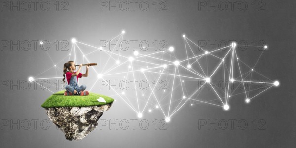 Cute smiling girl on floating island presenting social connection concept