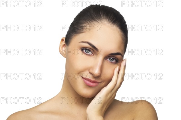 Portrait of Fresh and Beautiful brunette woman. Isolated on white background