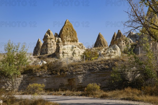 Rock formations of mountain ridges, valleys and pinnacles at Göreme National Park, Cappadocia, Turkey