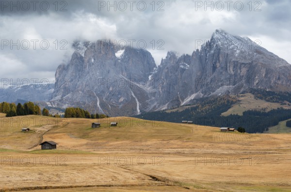 Landscape with beautiful autumn meadow field and the amazing Dolomite rocky peaks the valley of Alpe di siusi Seiser AlmSouth Tyrol in Italy