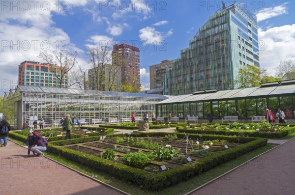 MOSCOW, RUSSIA, MAY 13, 2017: Garden beds with medicinal plants and greenhouses in Aptekarsky Ogorod, the branch of the Botanical Garden of Moscow State University