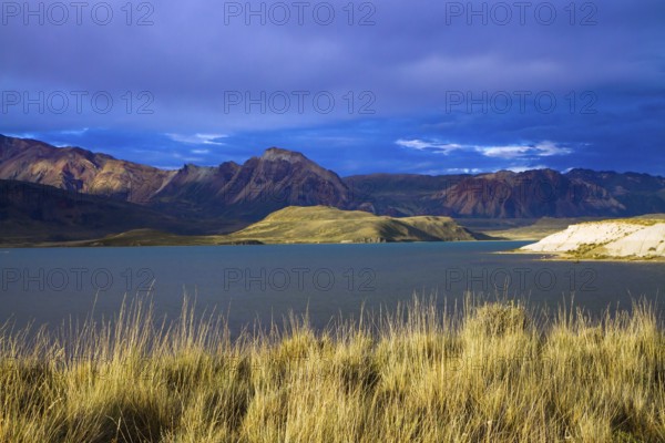 Huge lake with azure water, arid steppe of Patagonia and the steep slopes of cold mountains. Los Glaciares Park in Argentina. The concept of active, extreme and photo tourism