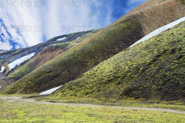 Amazing Iceland - dream for photographers and tourists. Rhyolite mountains, remains of last year's snow and green swamp. Landmannalaugar