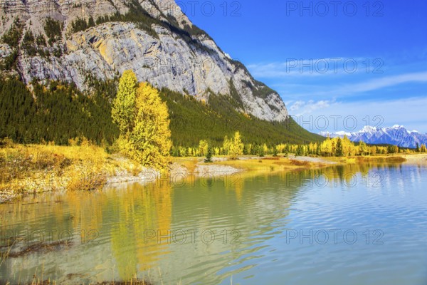 Rocky Mountains are reflected in the smooth water of Lake Abraham. Indian Summer in the Rockies of Canada. Concept of ecological and active tourism