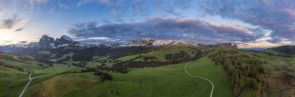 Panoramic view from the Seiser Alm to the Dolomites in Italy, drone shot
