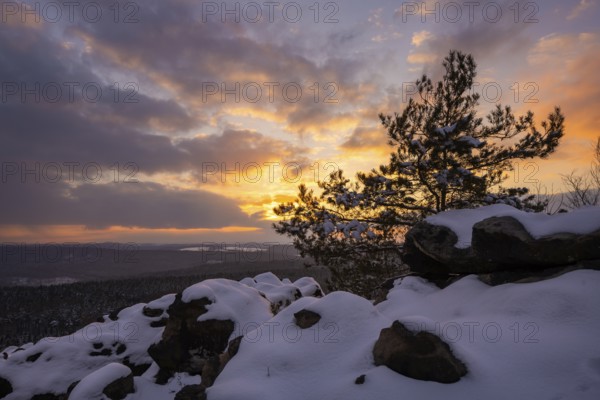 Sunset on Gohrisch in the village of the same name in Saxon Switzerland. In the background the Pfaffenstein, Gohrisch, Saxony, Germany