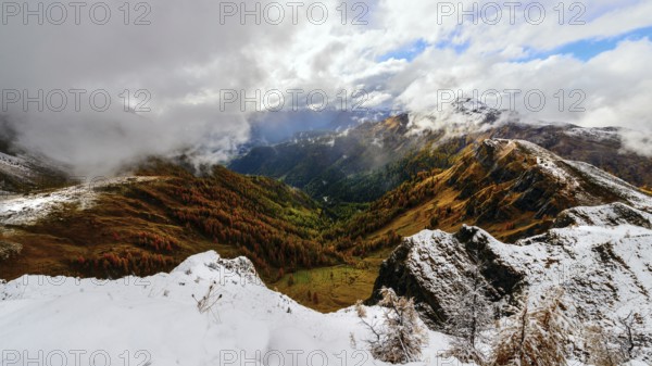 Autumn landscape with colorful trees and snowy mountains in the background in Dolomites
