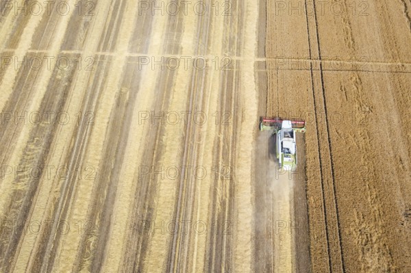 Combine harvester working on a wheat field. Combine harvester Aerial view