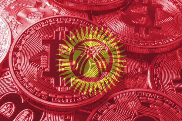 Kyrgyzstan bitcoin flag, national flag cryptocurrency concept black background