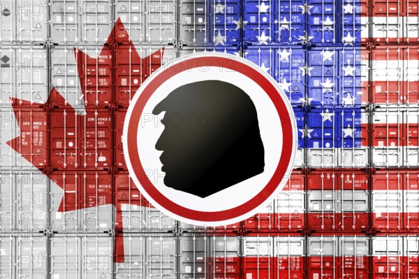 Customs sign with profile of Donald Trump in front of stacked containers in us and Canadian national colours, symbolic photo customs dispute between the USA and Canada, photomontage