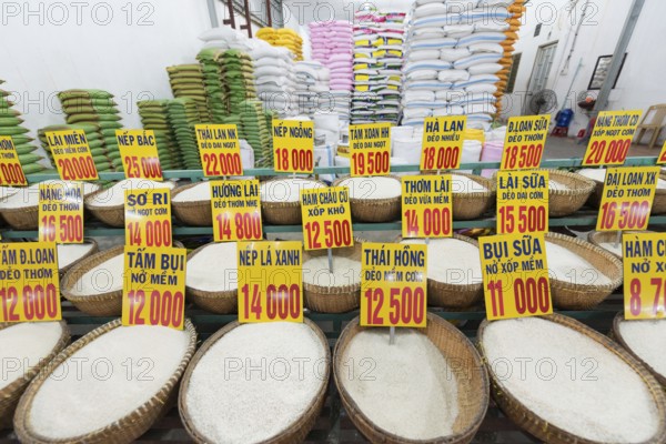 Different sorts of rice in baskets with prices, Vietnam