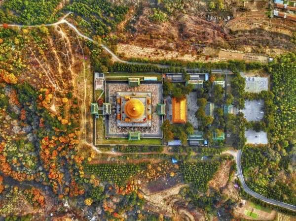 Aerial view of The Temple of Universal Happiness, Pule si, also called the round Pavillion, this structure was built in 1766. Little temple at the starting point for hammer rock hike, Chengde, China