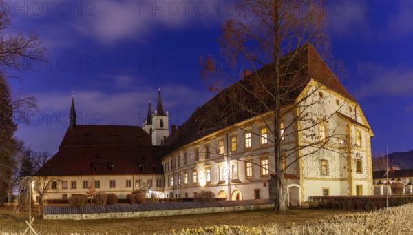 Göß Abbey, collegiate church, former monastery of the Benedictine nuns, blue hour, panoramic view, Leoben, Styria, Austria