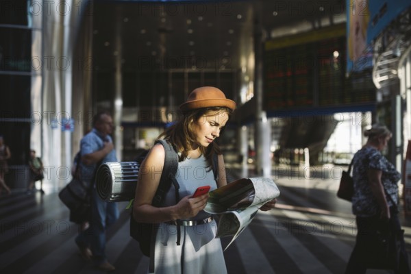 Theme travel and transportation. Beautiful young caucasian woman in dress and backpack standing inside train station terminal looking at electronic scoreboard holding phone, map paper hand navigation