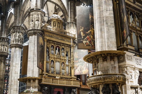 Ancient organ inside the Duomo. Milan, Italy.