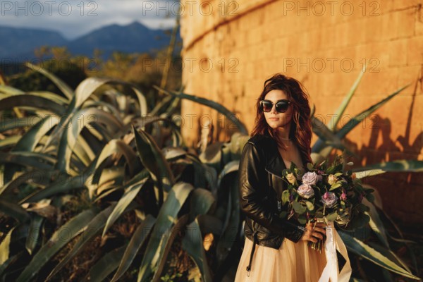 Bride in a beautiful pastel dress and sunglasses holds a bouquet of flowers in her hands against the background of agave bushes and the castle wall.