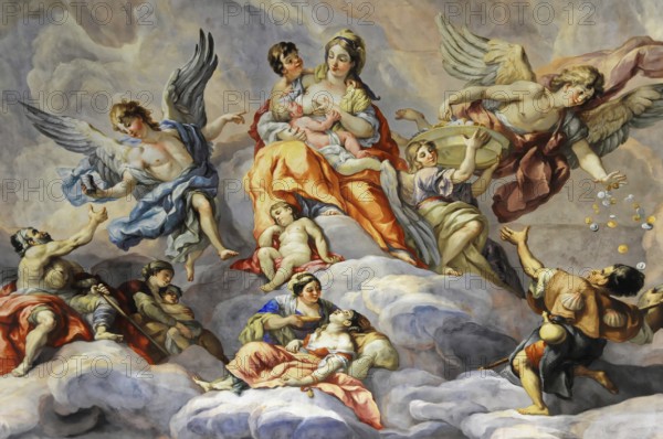 Detail of dome fresco by Johann Michael Rottmayr, Karlskirche, 1716-1736, Vienna, Austria, Europe, Lively depiction of Mary with angels and children on clouds