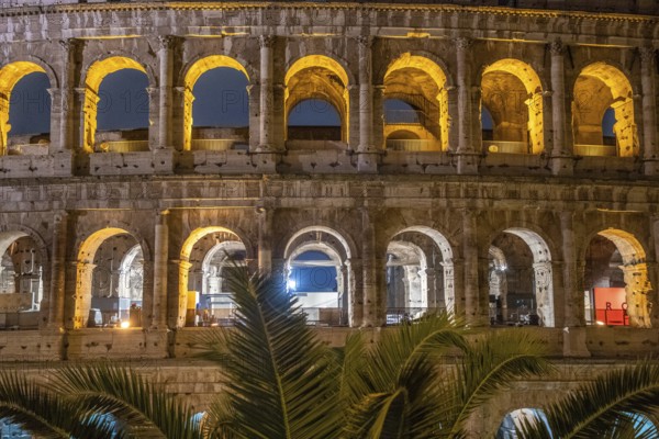 The Colosseum, famous and unique historical building of the Eternal City. View in the morning with great lighting, light installation. no people, Rome, Italy