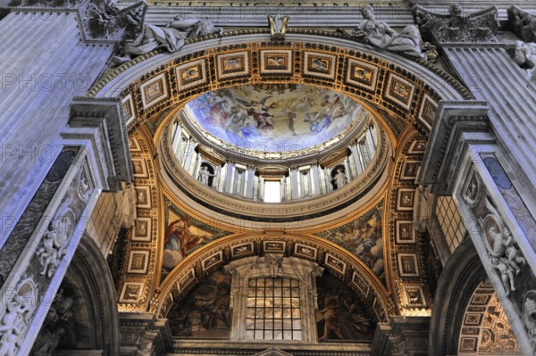 St. Peter's Basilica, Vatican, Rome, Lazio, Italy, Europe, Magnificent baroque dome with colourful fresco and ornate lunettes