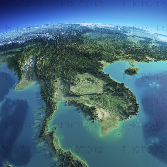 Highly detailed planet Earth in the morning. Exaggerated precise relief lit morning sun. Detailed Earth. Indochina peninsula. Elements of this image furnished by NASA