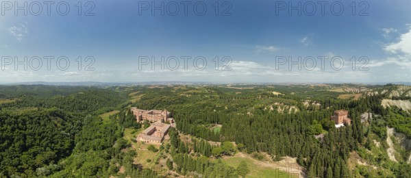 Aerial view of the Abbey of Monte Oliveto Maggiore, a large Benedictine monastery in the Italian region of Tuscany