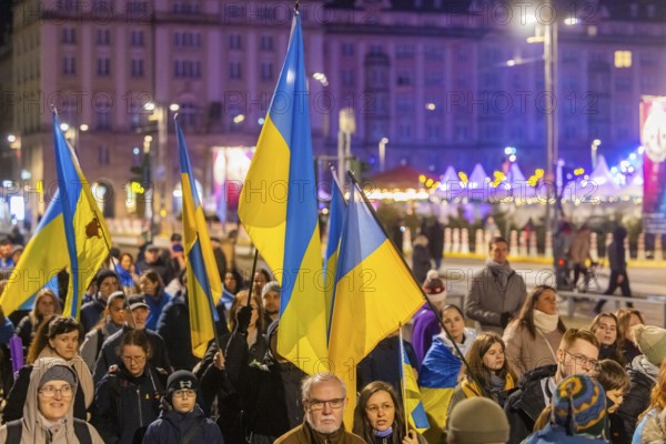 24 February marked the third anniversary of Russia's invasion of Ukraine. To mark the occasion, Ukrainian war refugees living in Dresden and their supporters demonstrated on the Neumarkt in front of the Church of Our Lady and then marched through the city centre, Dresden, Saxony, Germany