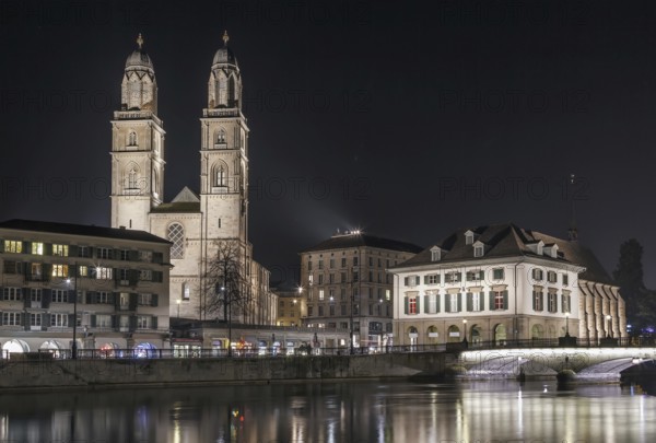 Evening. The Grossmunster is a Romanesque-style Protestant church in Zurich, Switzerland. It is one of the three major churches in the city