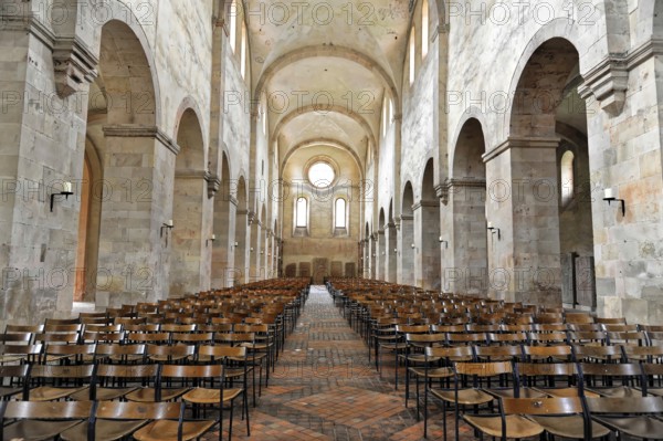 Interior view of the central nave, basilica, monastery church, founded in 1136, Eberbach Monastery, Eltville am Rhein, Rheingau, Hesse, Germany, Elongated nave with rows of wooden chairs and high ceilings, Eltville am Rhein, Rheingau, Hesse, Germany