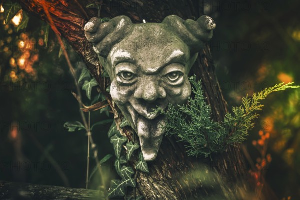 Demon mask in a garden