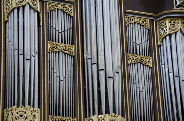 Detail of a church organ with pipe for choral music, Soroe, Denmark