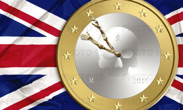UK flag and an euro coin with skeleton arms as clock hands inside. Finance concept for leave and exit from europe, debit, bankruptcy and saving time running out. 3d illustration
