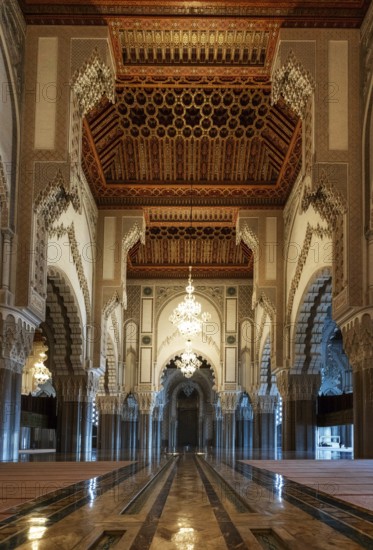 Casablanca, Morocco, 29 March, 2024: interior view of the central nave of the Hassan II Mosque in downtown Casablanca