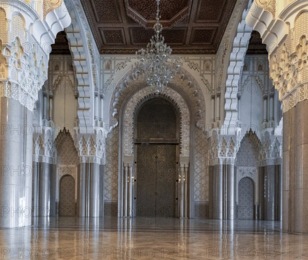 Casablanca, Morocco, 29 March, 2024: view of the west portal and central hall of the Hassan II Mosque in downtown Casablanca