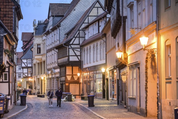 Street scene, old buildings, half-timbered houses, market street, old town, Quedlinburg, Saxony-Anhalt, Germany