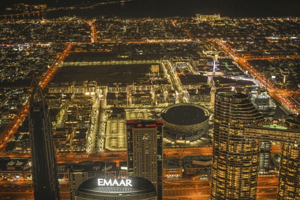 Dubai night view seen from the observation deck of Burj Khalifa. Shooting Location: Dubai