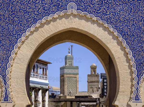 Bab Bou Jeloud Gate and minaret of Bou Inania madrasa, 1913, Medina Fez el-Bali, Fez, morocco