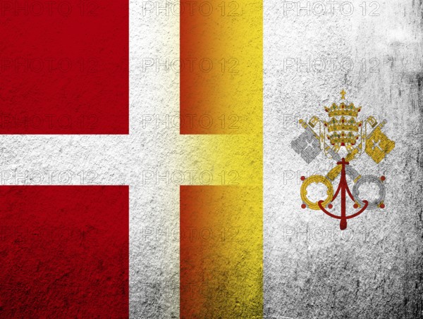 The Kingdom of Denmark National flag with National flag of Vatican City. Grunge Background