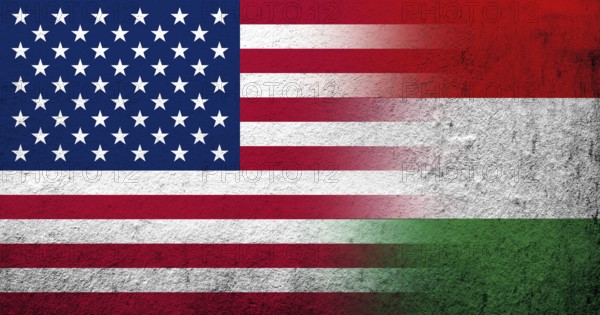 United States of America (USA) national flag with National flag of Hungary. Grunge background