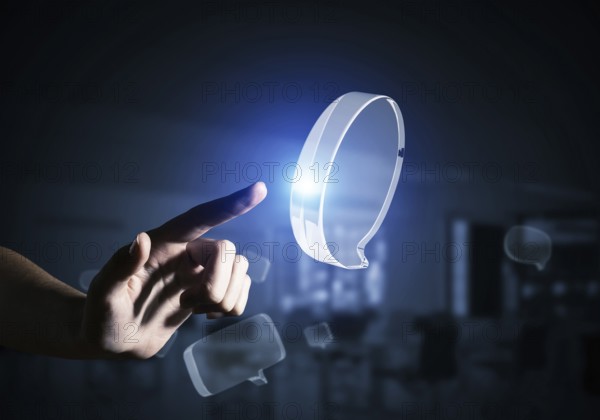 Concept of communication by glass empty chat icon on gray background. Mixed media
