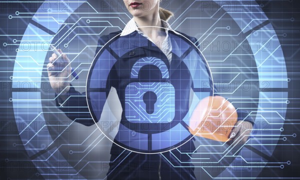 Computer security and information technology. Virtual padlock blue hologram and business woman with safety helmet. Risk management and professional safeguarding. Password protection and authorization