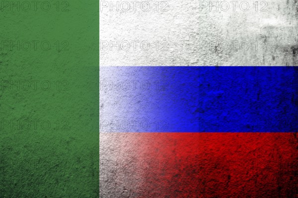 National flag of Russian Federation with Republic of Nigeria National flag. Grunge background