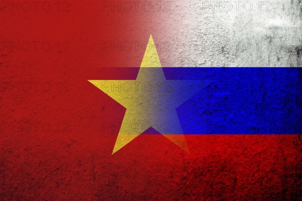 National flag of Russian Federation with The Socialist Republic of Vietnam National flag. Grunge background