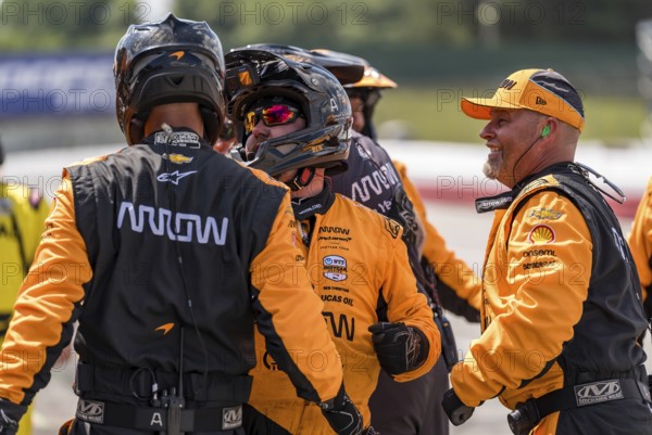 The Arrow McLaren Chevrolet team celebrate altering winning the Honda Indy 200 at Mid-Ohio Sports Car Course in Lexington, OH