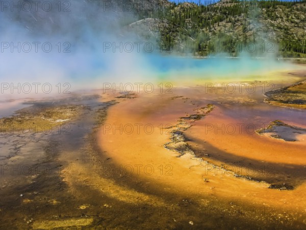 Closeup of colorful Grand Prismatic Spring located in the Midway Geyser Basin, is the largest thermal feature in the Yellowstone National Park, Wyoming and Montana, United States