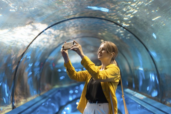 Eine Frau in einem Unterwassertunnel mit Meeresbewohnern